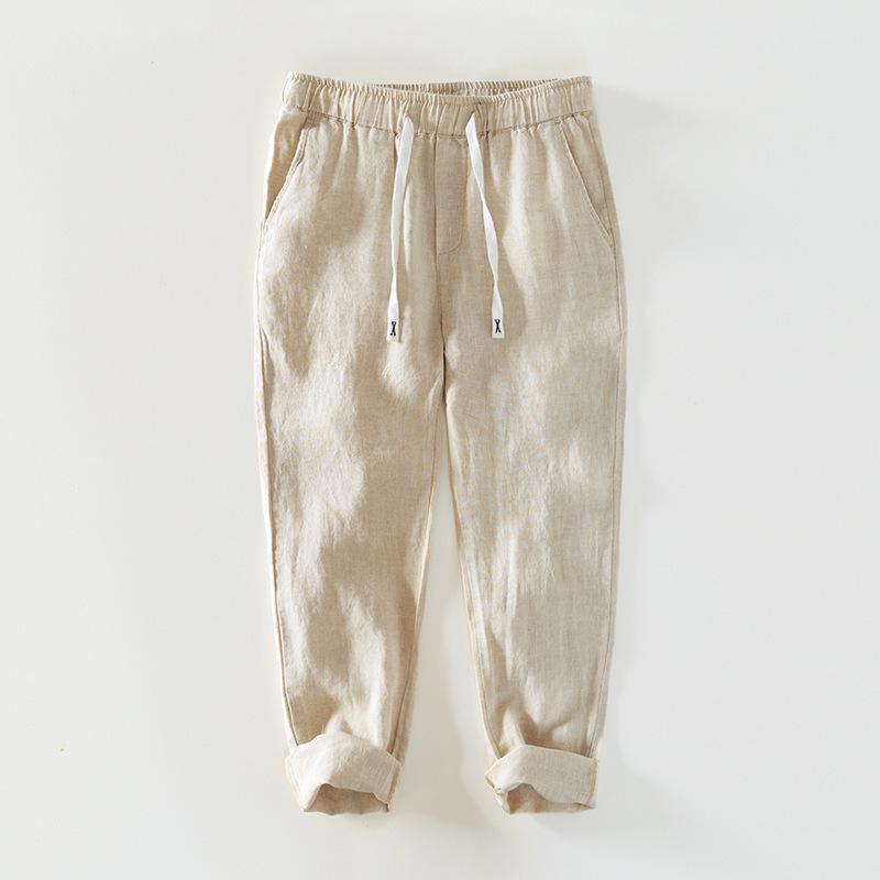 Spring and Summer Linen Casual Men's Straight Quick-Dry Cool Tapered Thin Pants Loose Japanese Retro Drawstring Elastic