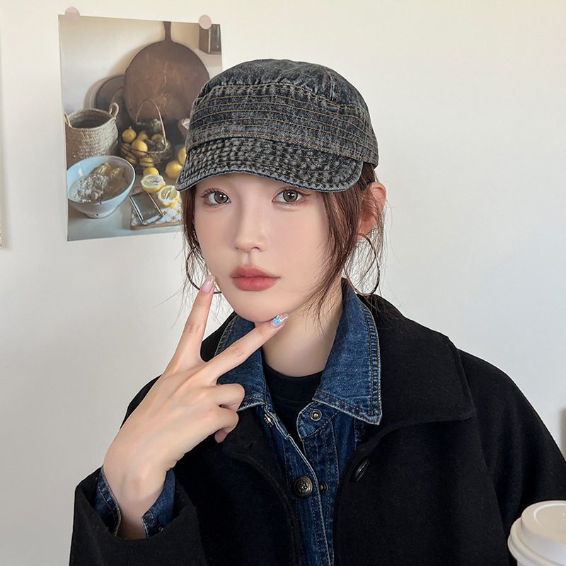 Sombrero de pescador de vaqueros para mujeres coreanas lavadas con agua para hacer viejos bordes suaves para mostrar la cara gorra de lengua de pato simple de marea sombrero solar plegable