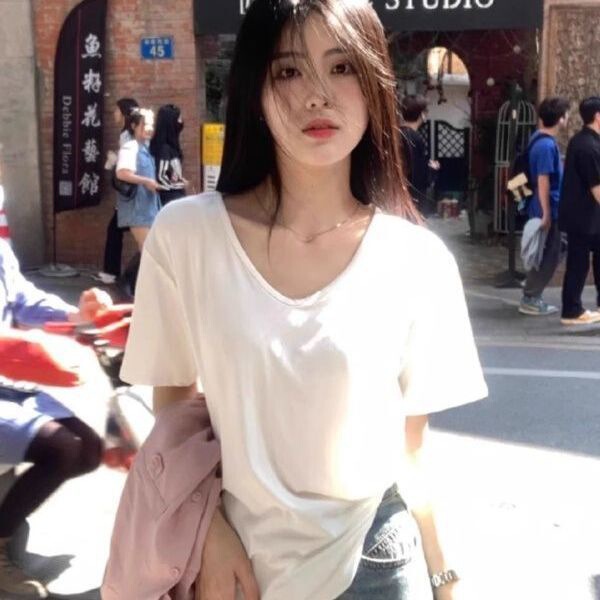 Pure Cotton White Right Shoulder V Neck Short-Sleeved T-Shirt for Women in Summer Loose Lazy Style Chic Bottoming Casual Versatile Top