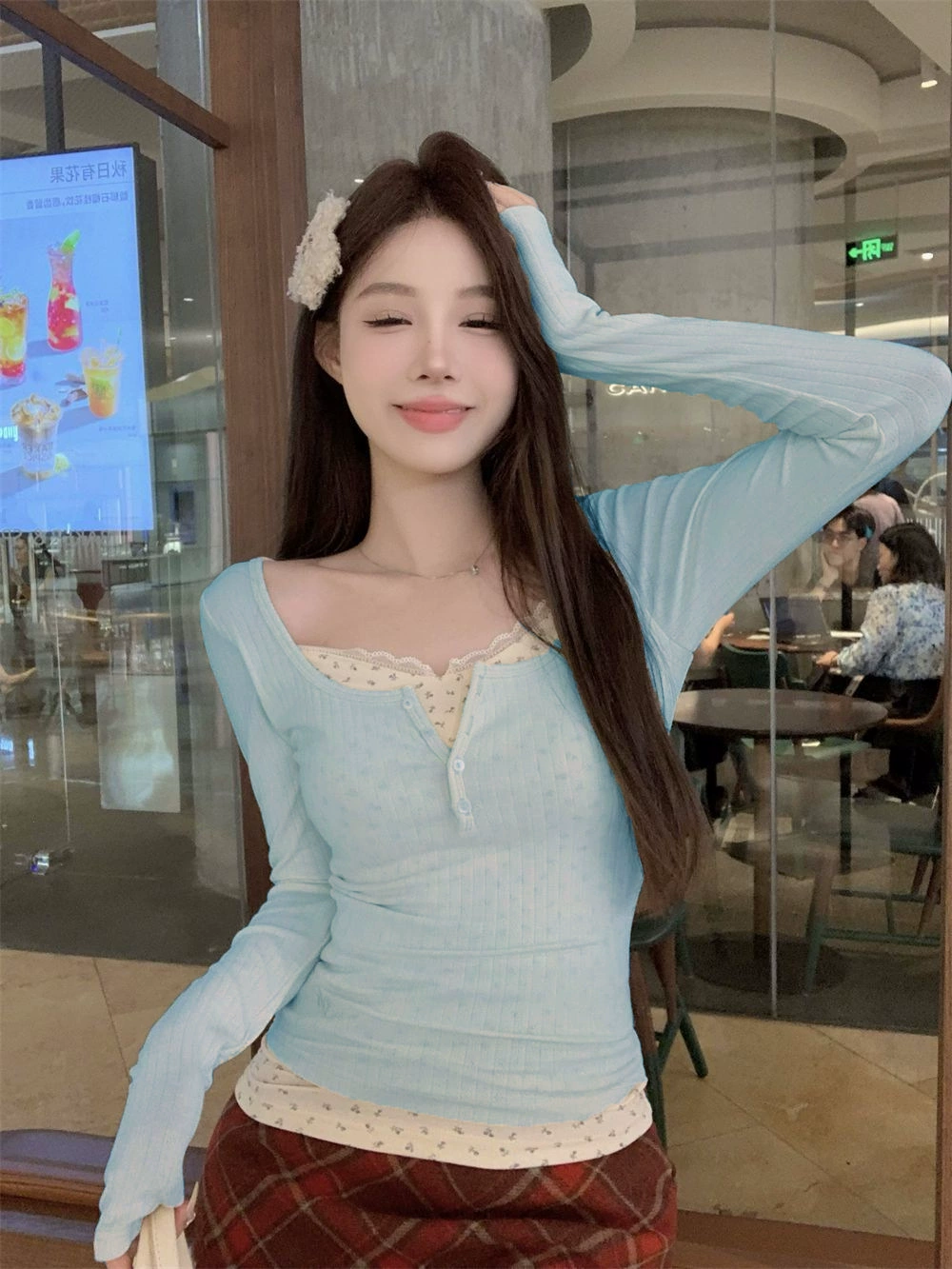 Long-sleeve lace floral base top, women's slim-fit French style, autumn/winter