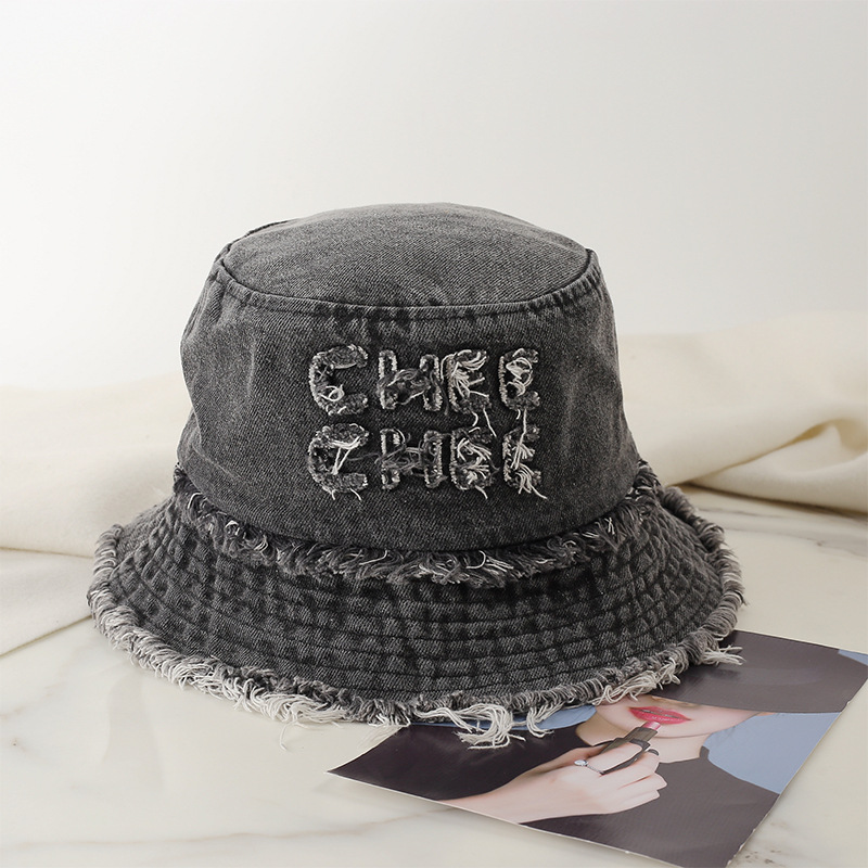 Frayed Edge Women's Denim Bucket Hat With Logo For Outdoor Hiking_voghion.com
