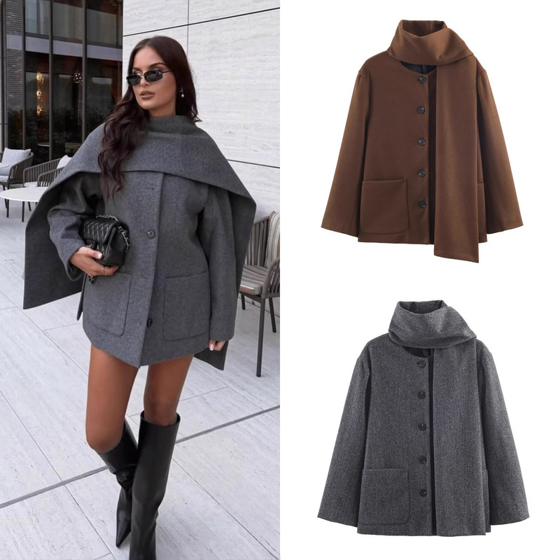 Hm Foreign Trade Cross-Border Spot Wholesale European and American Style Women's Autumn Clothing Popular Fashion Scarf Collar Woolen Outwear Jacket
