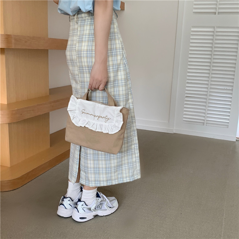 1441 Japanese and Korean chic Sweet ruffled bento Bag, Fresh embroidered hand-held small cloth bag, girl student bag wholesale undefined