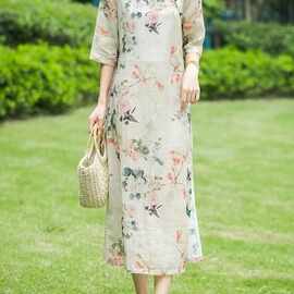 2023夏季新品大码胖MM女装苎麻立领改良旗袍印花短袖棉麻连衣裙女