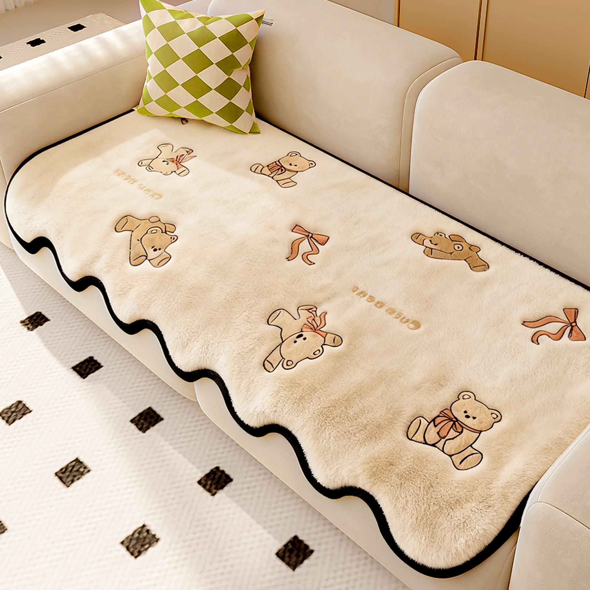 Cojín de sofá de peluche de forma especial invierno 2025 nuevo estilo americano patch viento engrosado cojín de sofá de piel alfombra de tela antideslizante