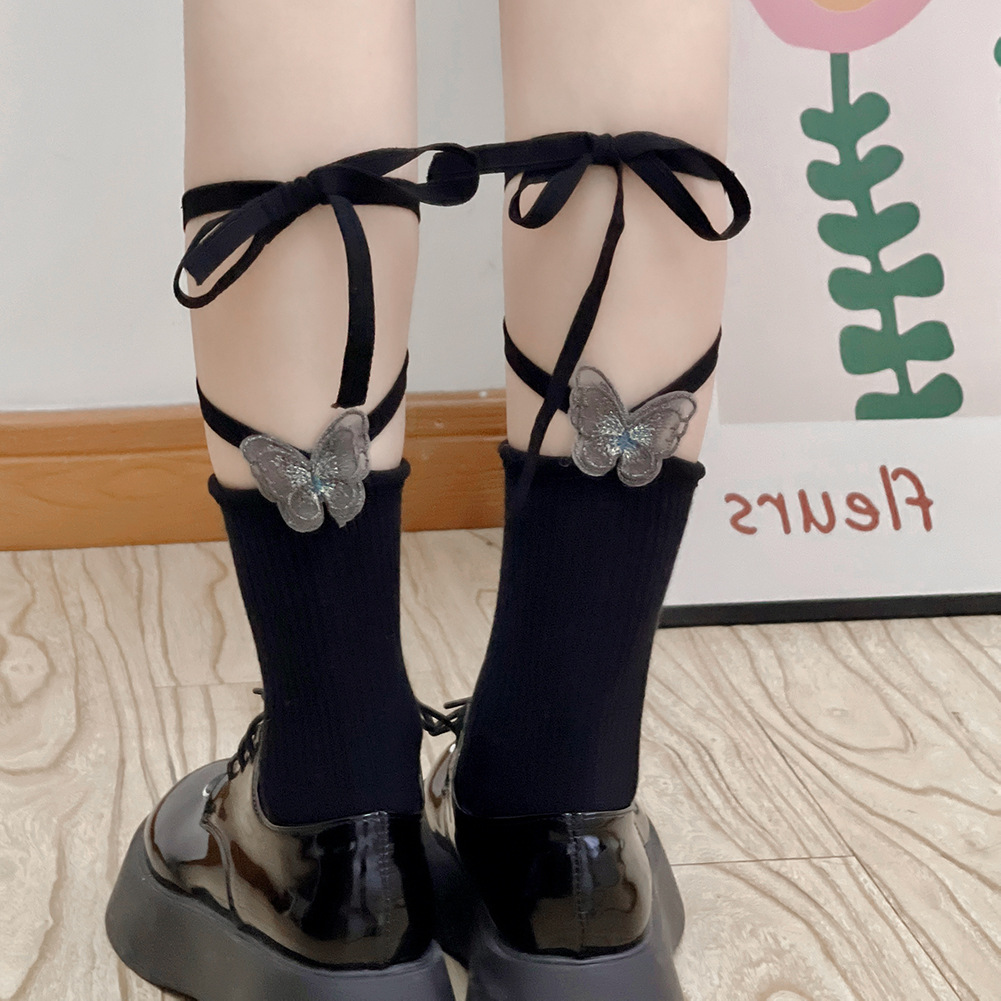 Japanese Pure Desire Sweet Girl JKSocks Double-layer Three-dimensional Embroidered Butterfly Help Cotton Calf Socks Dark Middle Tube Socks