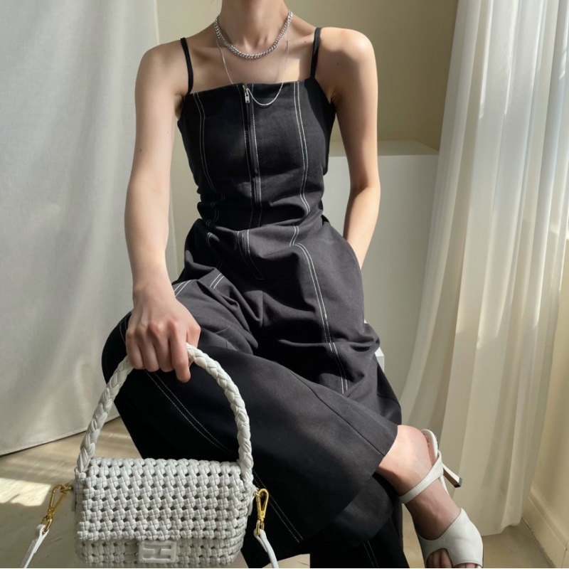 the republic of korea chic French Retro zipper design Open wire Wide leg pants Double pockets Paige Straight camisole Jumpsuits