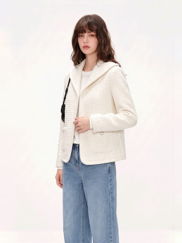 Áo khoác ngắn nữ dáng vest chất liệu len cừu phối vải tweed thanh lịch — Vanilla trắng