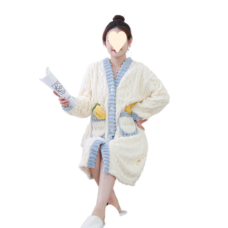세련된 플란넬 파자마, 목욕 및 가정복, 머리카락이나 염색 없음, 양면 벨벳 V넥 목욕 가운