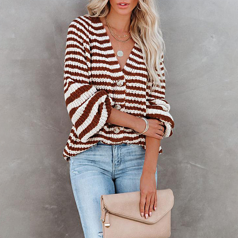 loose single-breasted V-neck striped sweater nihaostyles clothing wholesale NSZH81606