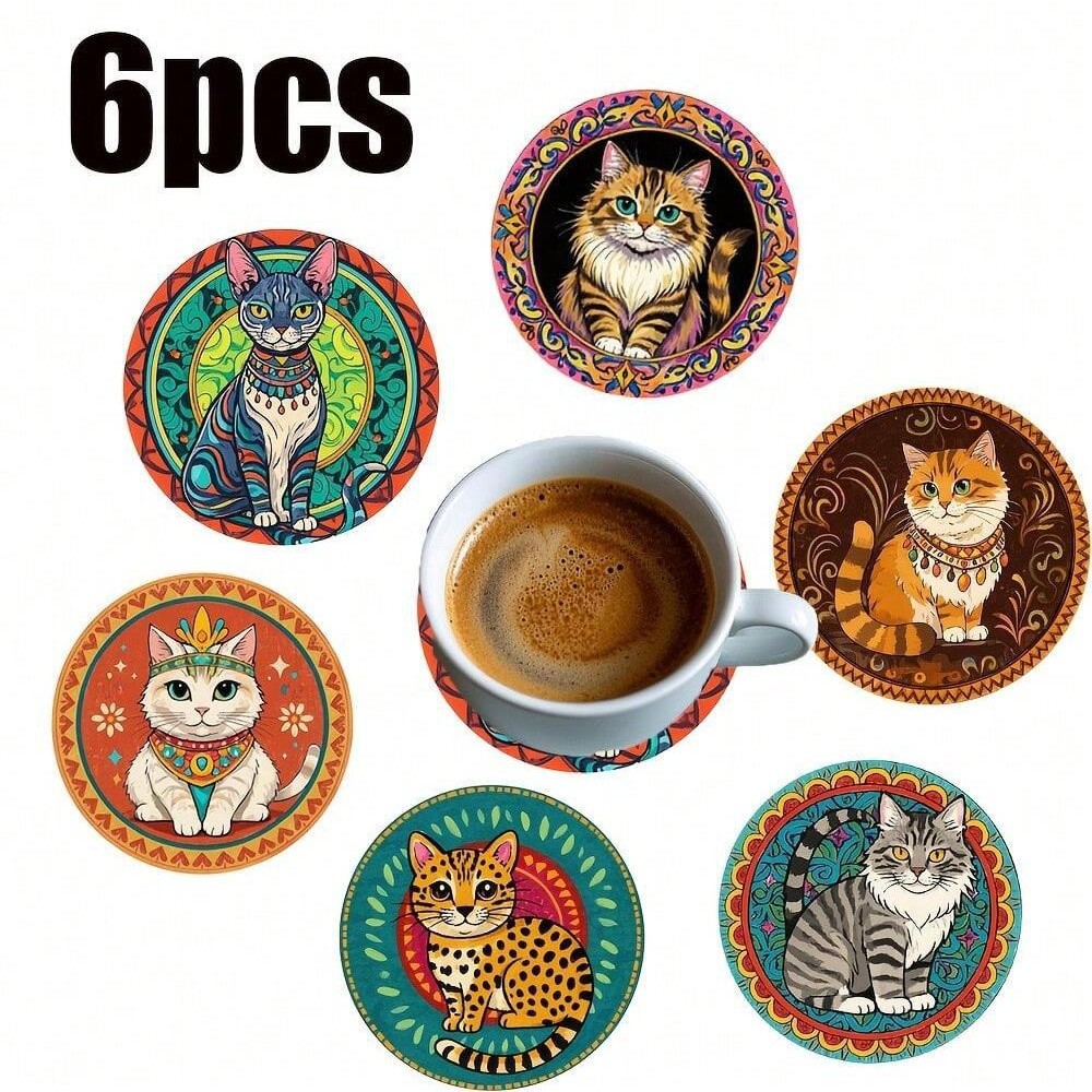 나무 복고풍 코스터 고양이 코스터 6PCS