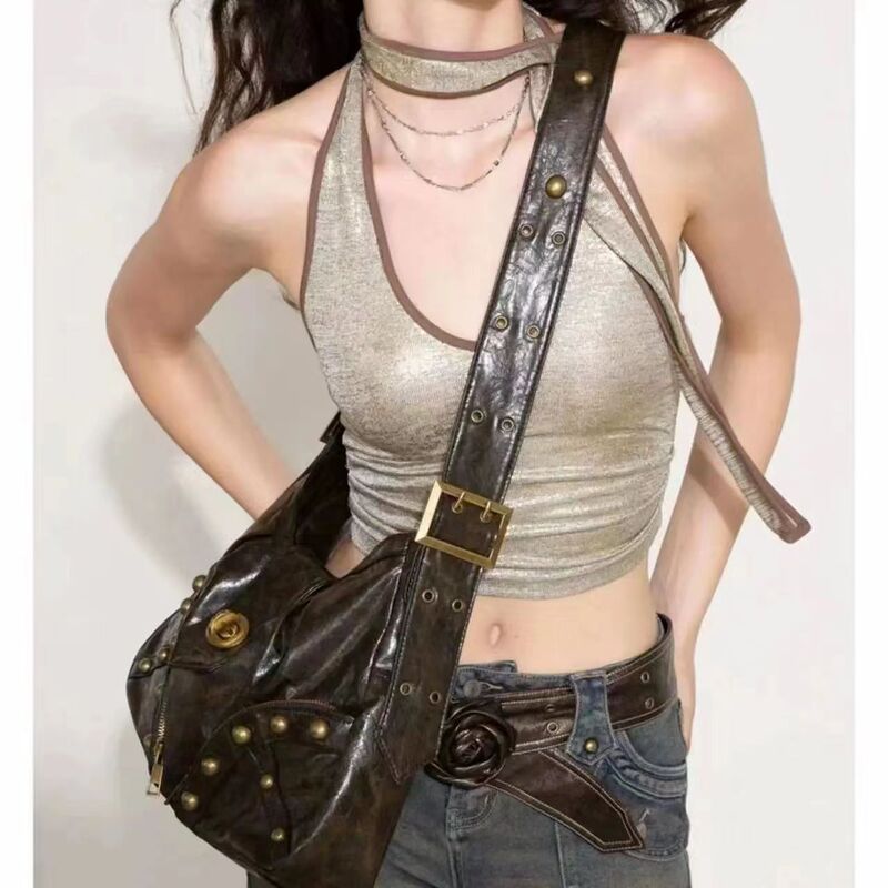 Original Hot Girl Black Tote Bag Brown Underarm Retro Y2K Bag Leather Bag Messenger Bag