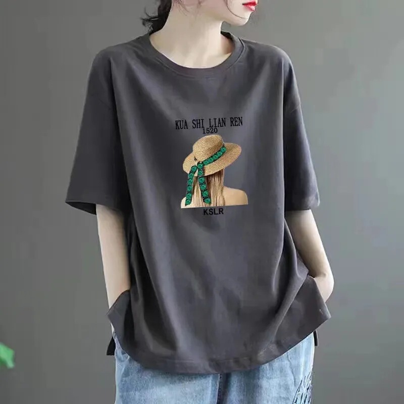 Pure Cotton 2024 Summer New plus size Women's T-shirt Short-sleeved Loose chubby girl Flesh Covering High-grade Slimming Top Ins Trendy