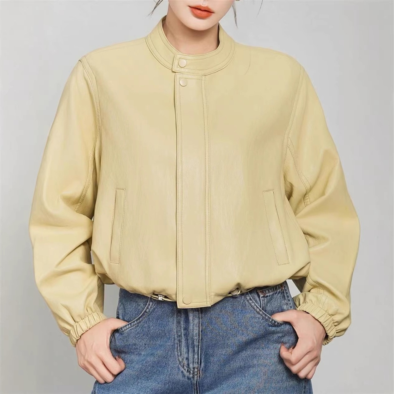 Haining Sheepskin Stand Collar Short Leather Jacket for Women 2026 Spring and Autumn Loose Fit Biker Jacket Coat