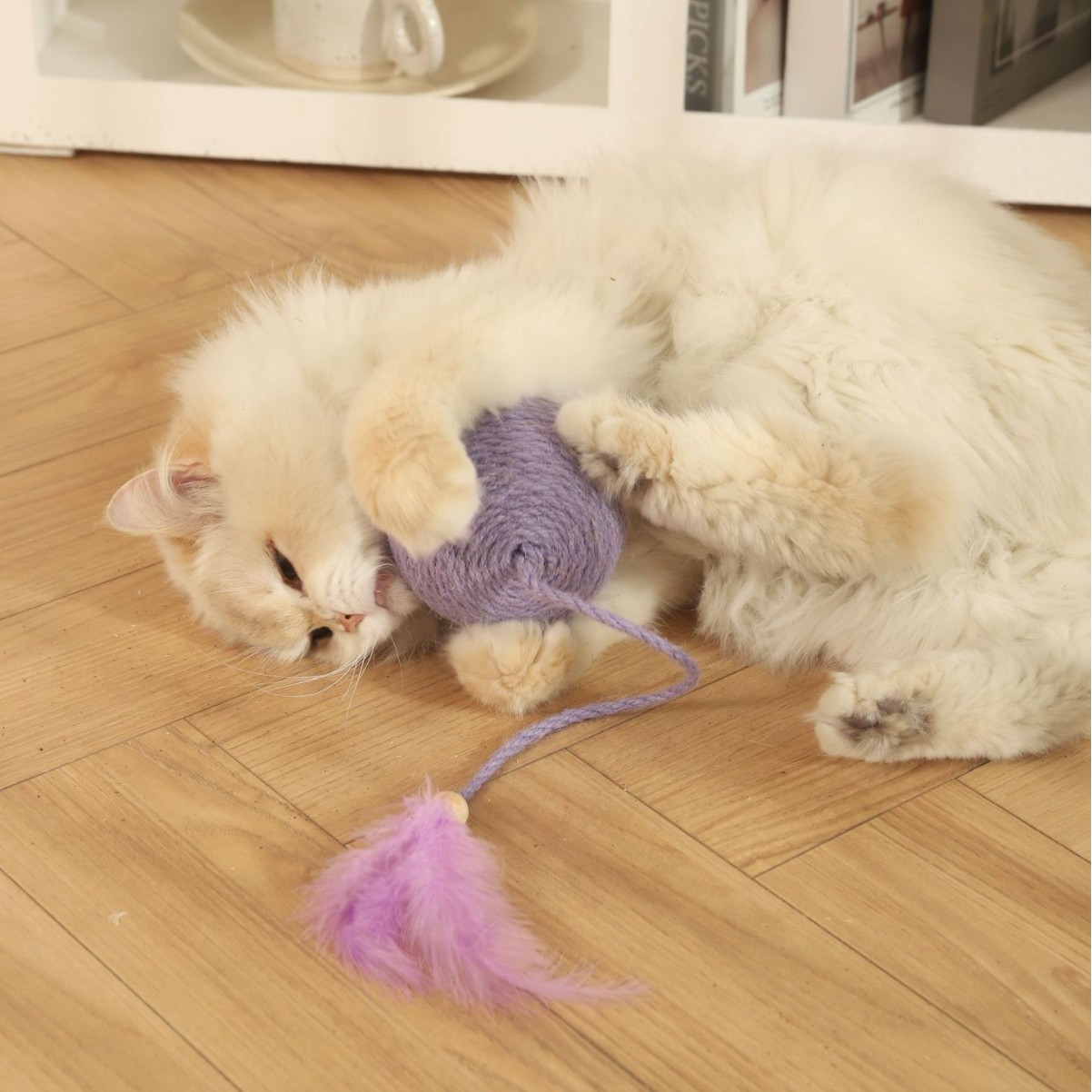 HOOPET cuerda larga con plumas, bola de cuerda de cáñamo, gato, gatito que muerde, gato, resistente al desgaste, resistente al desgaste, auto-aburrido, palo de gato divertido