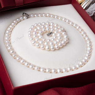 Wholesale 8-9 nearly round natural pearl necklace with slight imperfections and strong light pearl clavicle chain and pearl necklace set