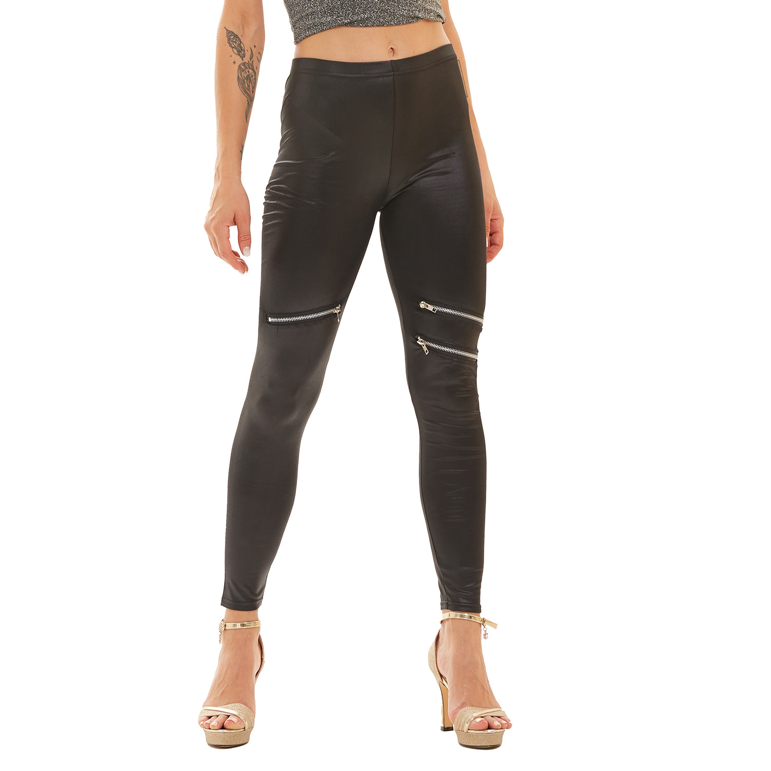 欧美跨境时尚新款仿皮拼接拉链皮裤 九分裤工厂直供