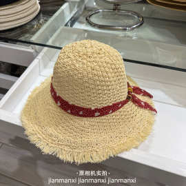 韩版草帽女夏波点系绳沙滩帽小清新海边度假百搭防晒遮阳盆帽子