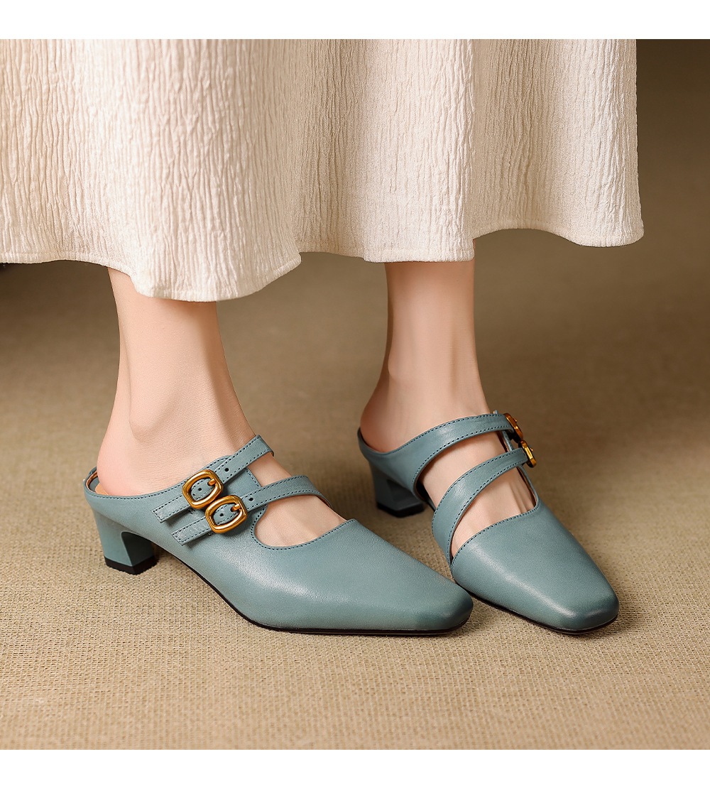 Sandal nữ quai ngang gót vuông ổn định, da bò thật, khóa sau, phong cách Muller — đen chi tiết 11
