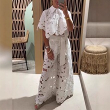 2025夏季新款亚马逊跨境欧美纯色性感镂空开衫上衣阔腿裤两件套女