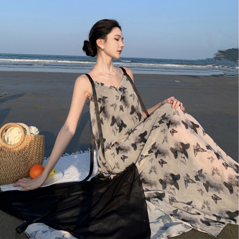 Ink Painting Butterfly Sling dress Women's Summer French Style Lazy Seaside Vacation Super Long Ankle Beach Skirt