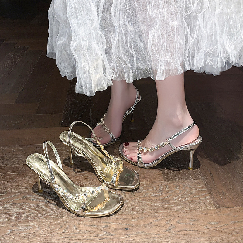 2025 summer new gold sandals women's square toe stiletto with rhinestone chain buckle beautiful temperament high heels 2025 summer new gold sandals women's square toe stiletto with rhinestone chain buckle beautiful temperament high heels