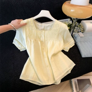 法式甜美蕾丝花边方领泡泡袖衬衫女夏2026设计感小众独特别致上衣