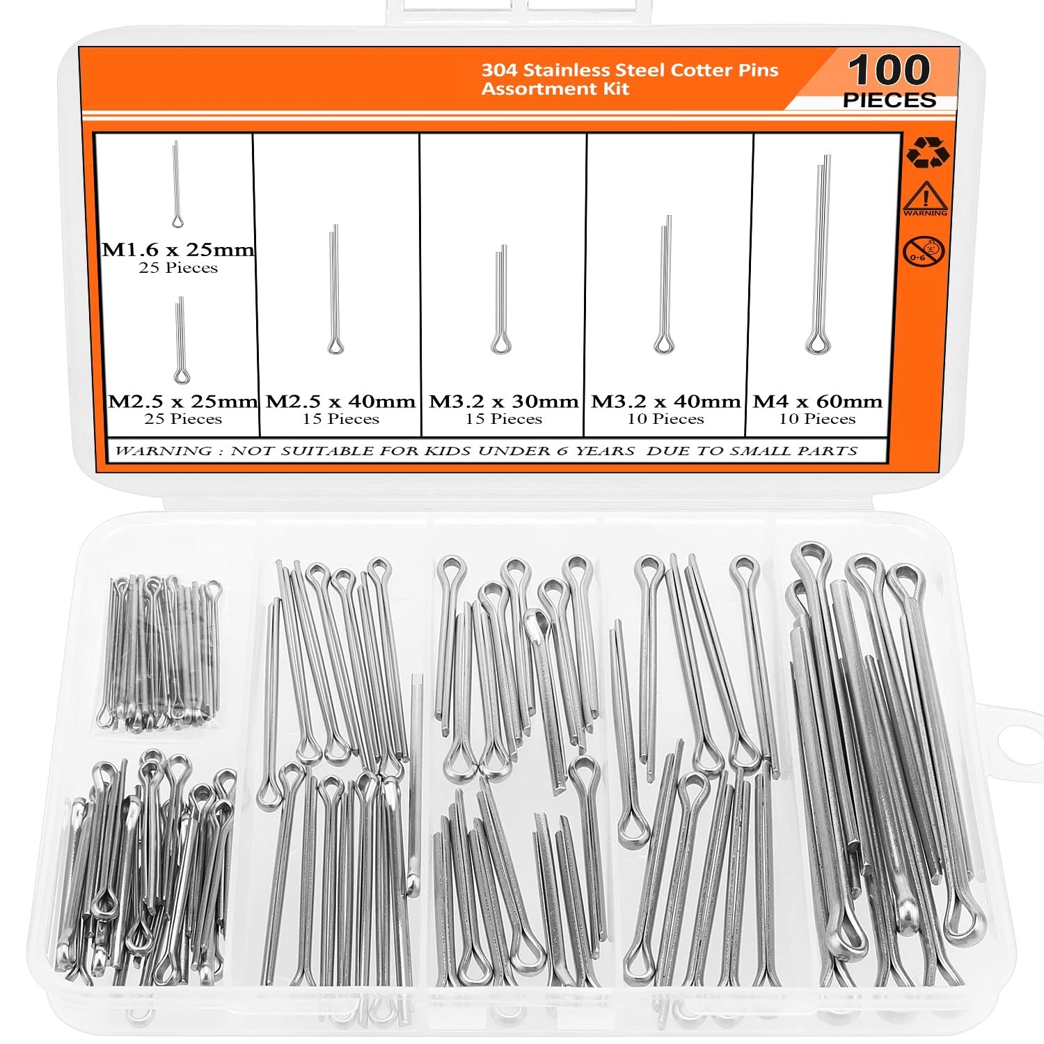 304不锈钢开口销 弹性发夹销卡销 100PCS 跨境多规格组合盒装4*60