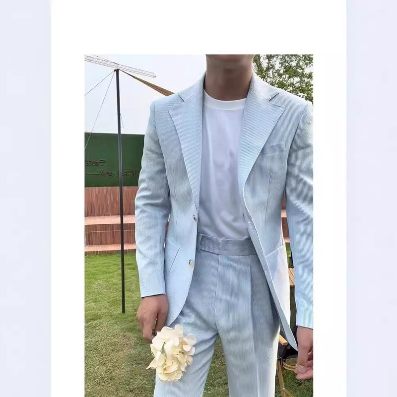 Italian Style Casual Neapolitan Style Suit Coat Blue Seersucker Casual Single-breasted Flat-necked Suit for Men