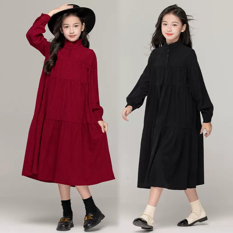女童复古宽松长裙文艺高领连衣裙秋冬显瘦中大童连衣裙母女装批发