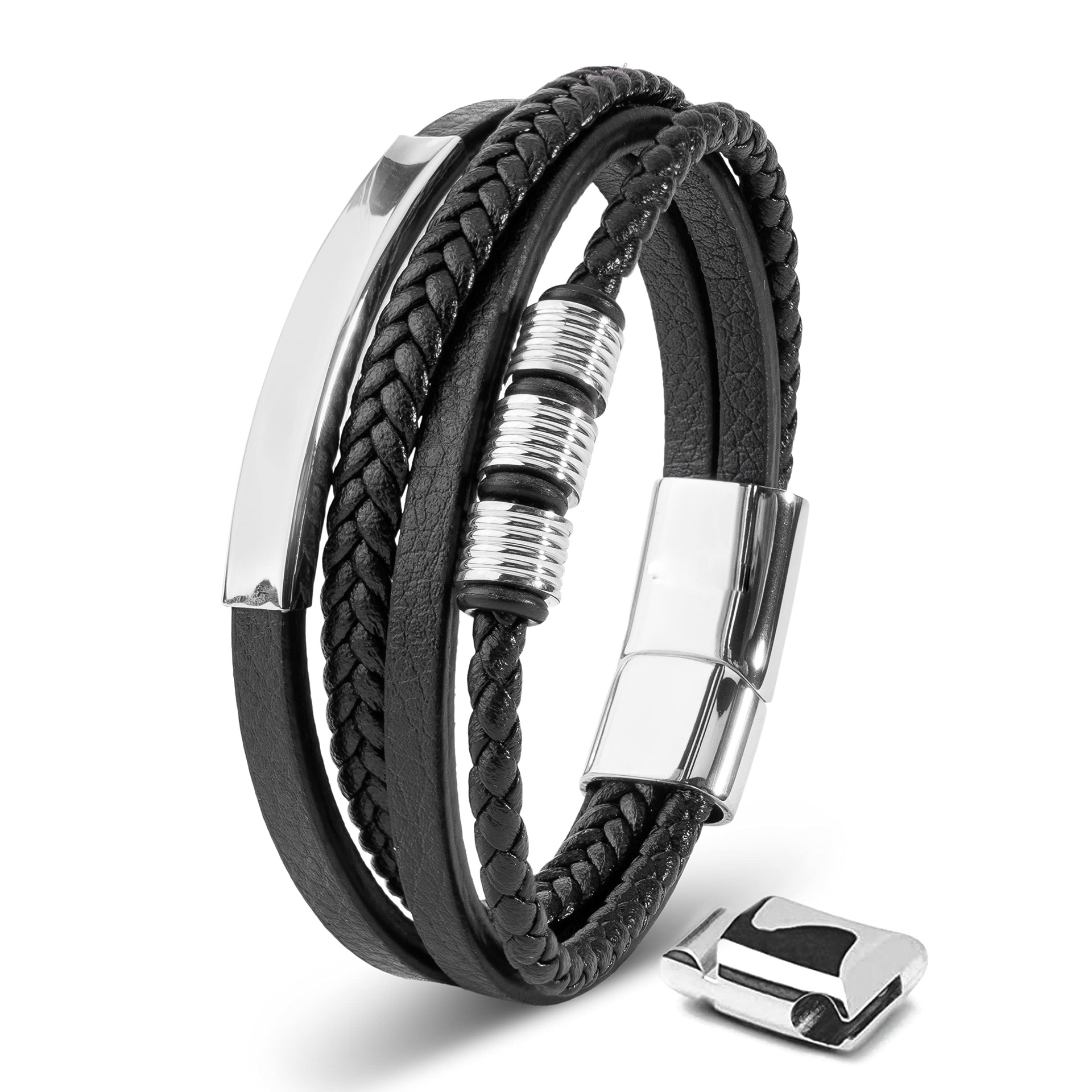 40g Weight Punk Streetwear Geometric 304 Stainless Steel Pu Leather Men's Wristband Men Cord & Leather Bracelets