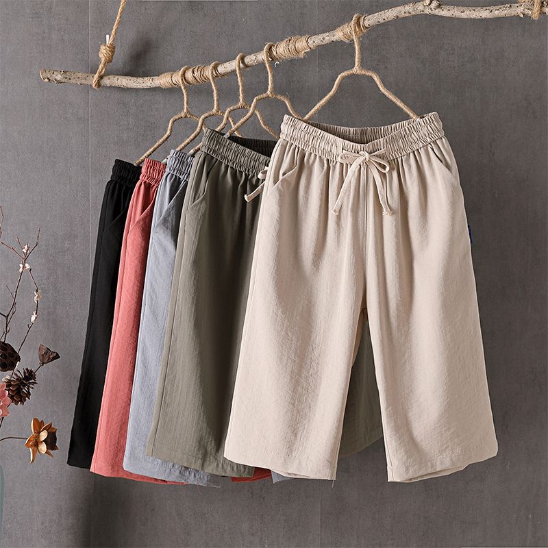 Women's Summer Thin Linen Casual Six-point Mid-length Pants Loose Slimming plus size Cropped Wide-leg Pants