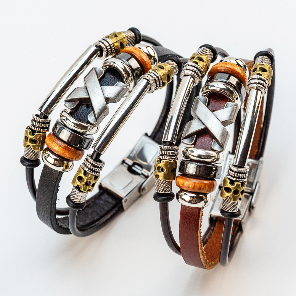 New Multi-Layer Genuine Leather Bracelet with Cowhide Strips, Stainless Steel Clasp, X-Clasp Wristband, Trendy Cool Wristband
