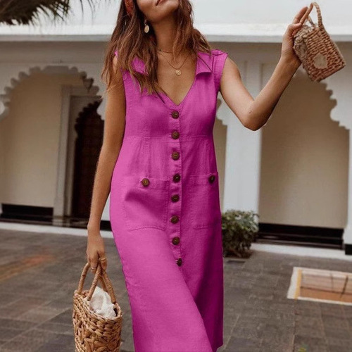  European and American V-neck single button pin button dress pocket design large size multi-color 