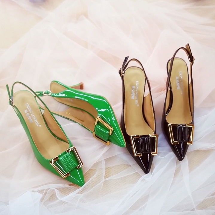 Clearance Brand Genuine Leather Broken Size Special Offer Women's Shoes Pointed High Heeled Metal Square Buckle Baotou Empty Sandals Temperament