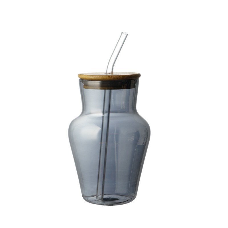Suministro de tazas de paja de vidrio de alta borosilicona cubierta de madera de bambú tazas de vidrio rayadas tazas de bebida fría tazas de leche ins bebidas frías rojas image 9