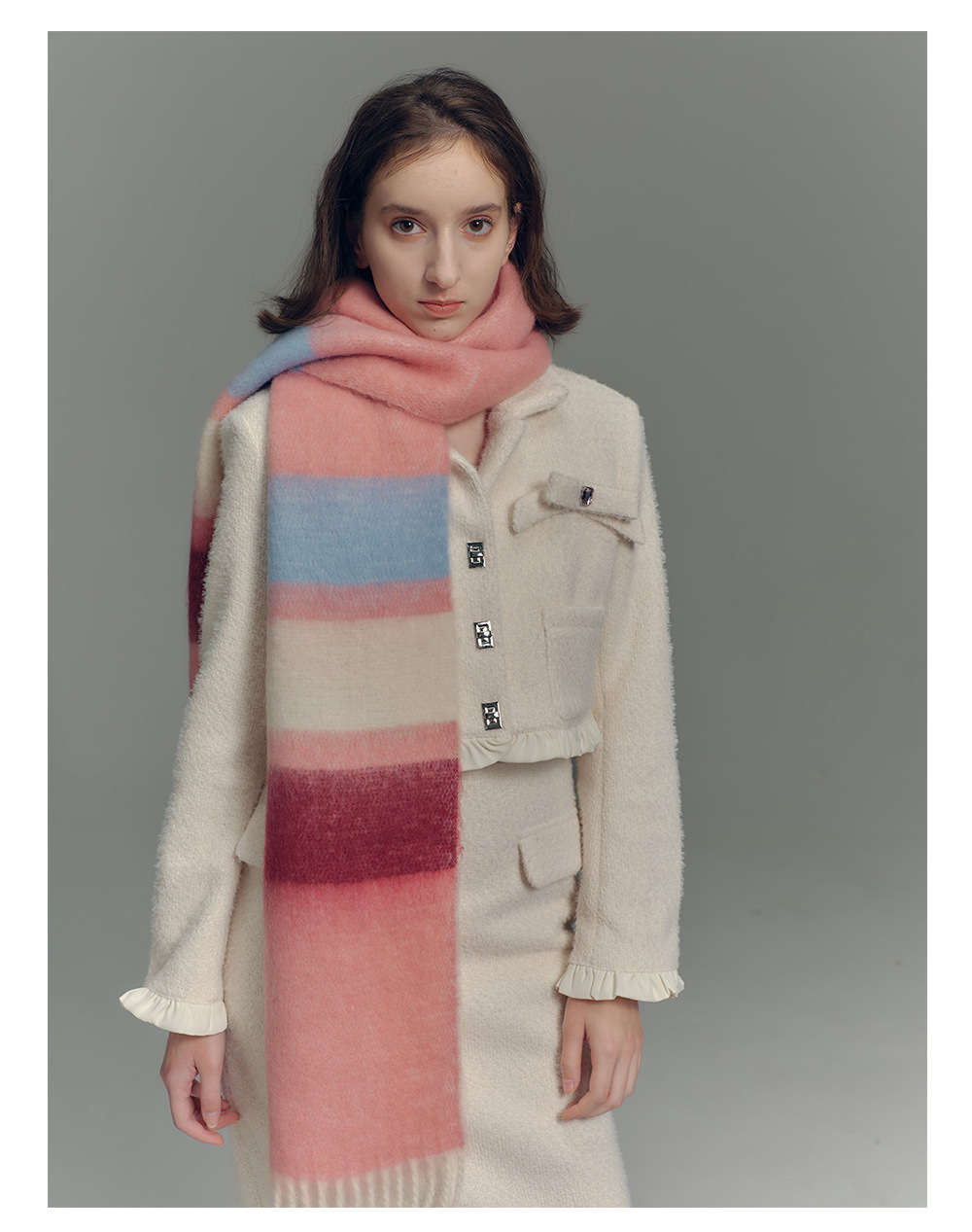 Designer-Schal mit Fransen aus Kaschmirimitat in Regenbogenfarben mit passenden Streifen für Damen im Herbst-/Winter-Stil mit weichem, verlängertem Halsausschnitt_voghion.com
