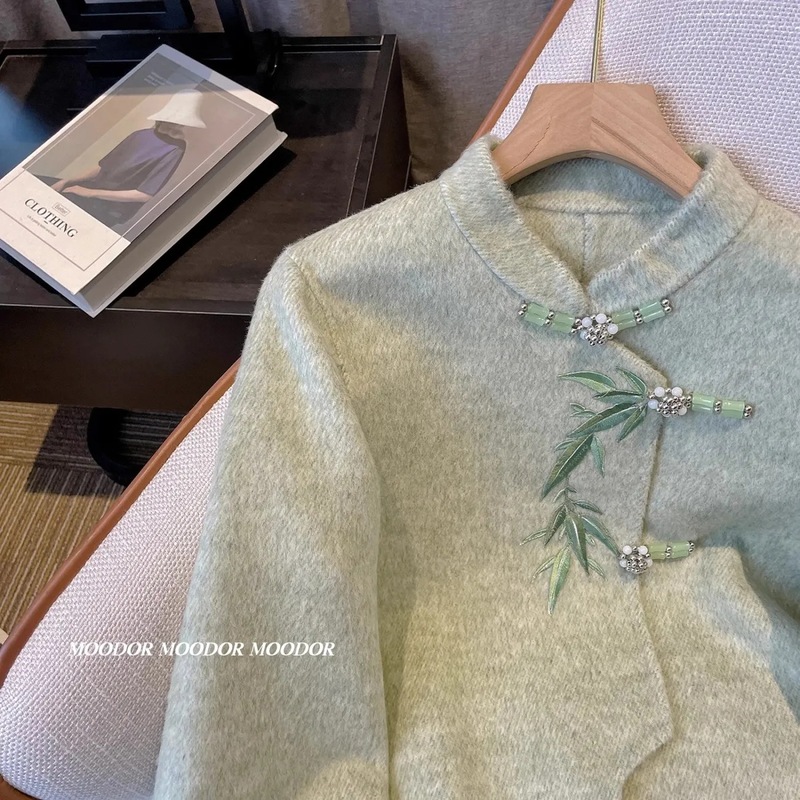 新中式小香风毛呢外套女秋冬短款轻国风刺绣绿色竹子毛呢上衣新款|undefined