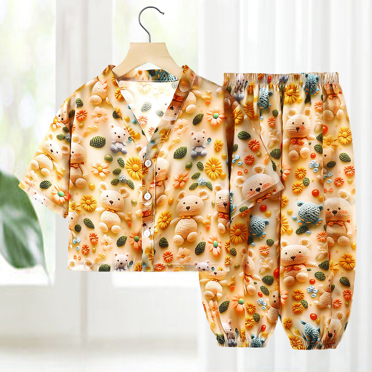 Conjunto de pijamas de seda de algodón para niños, ropa de aire acondicionado de algodón artificial de verano, ropa para el hogar de seda de algodón para niños y niñas, ropa para niños de dos piezas