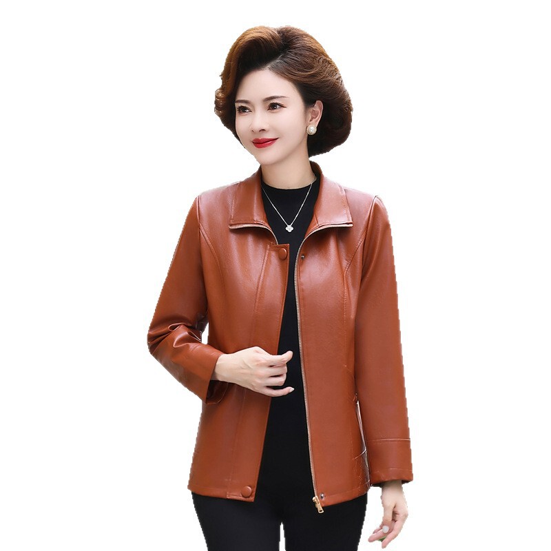 Middle-Aged Women's Leather Jacket 2025 Spring and Autumn New Stylish Leather Jacket for Middle-Aged and Elderly, Age-Reducing Leather Suit, Mom's Autumn Coat