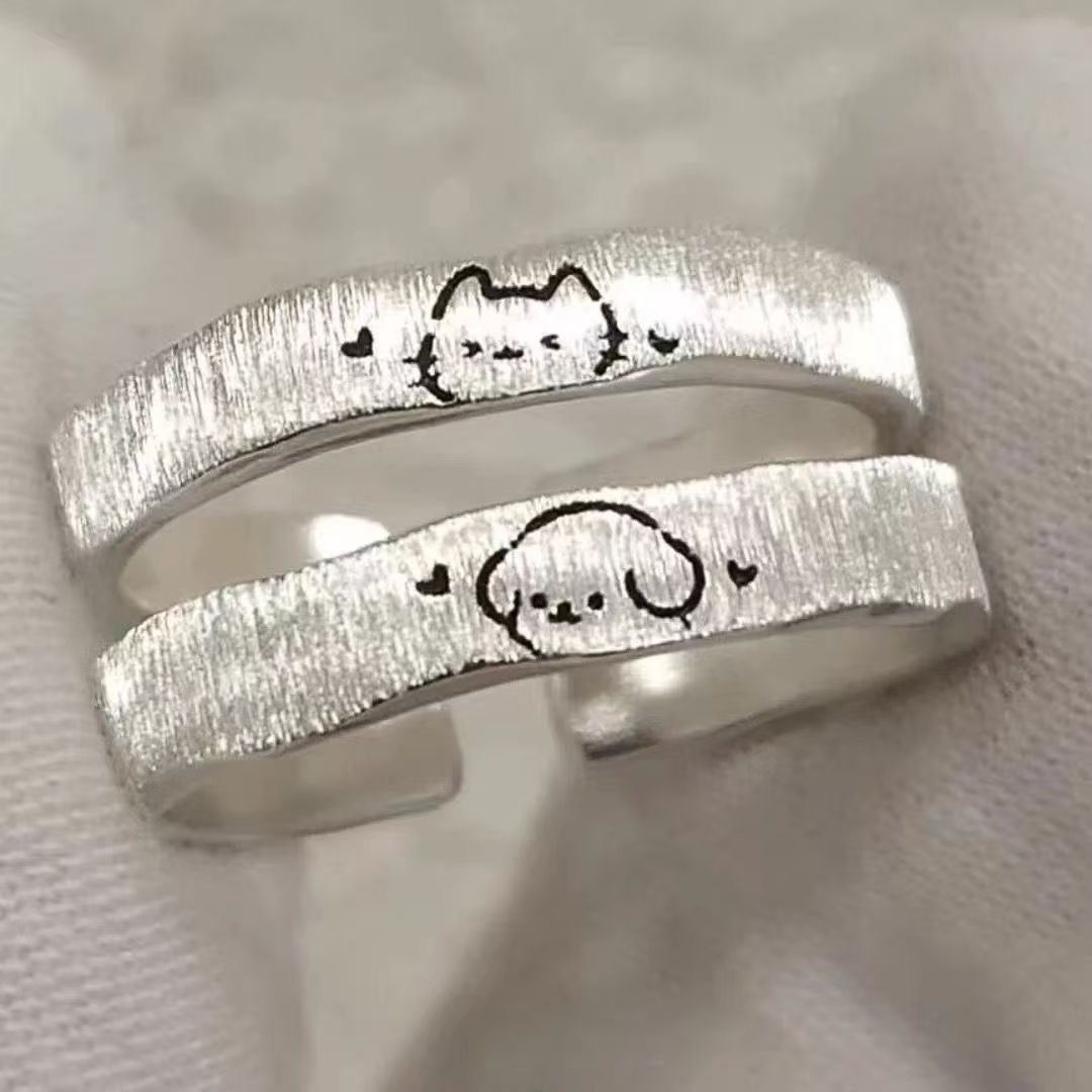 Cute Cat and Puppy Couple Rings, Niche Design Brushed Plain Band Open Ring, Student Anniversary Gift