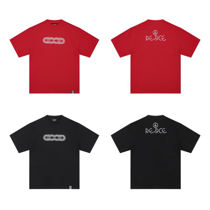 25S New Niche Good Brand Color-Blocked Three-Color Rhinestone Loose Heavy-Duty Short-Sleeve Unisex Couple T-Shirt