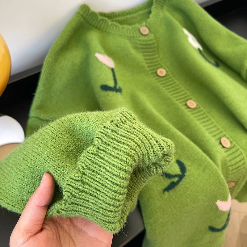 2025 Spring New Women's Clothing Mori Style Western Style Green Flower Sweater Tops Spring and Autumn Large Size Knitted Cardigan Top