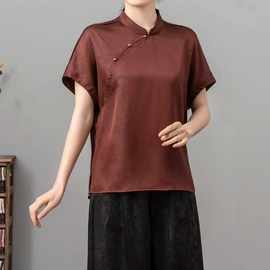 822新中式国风改良短袖衬衣女高端缎面轻奢复古盘扣斜襟领衬衫上