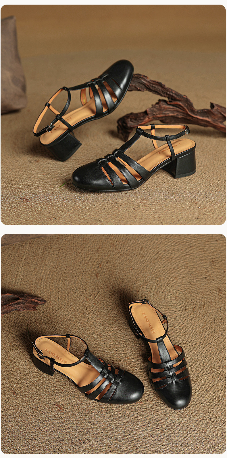Sandal nữ da bò dệt rỗng mũi hở gót thô cao phong cách La Mã — màu nâu chi tiết 26