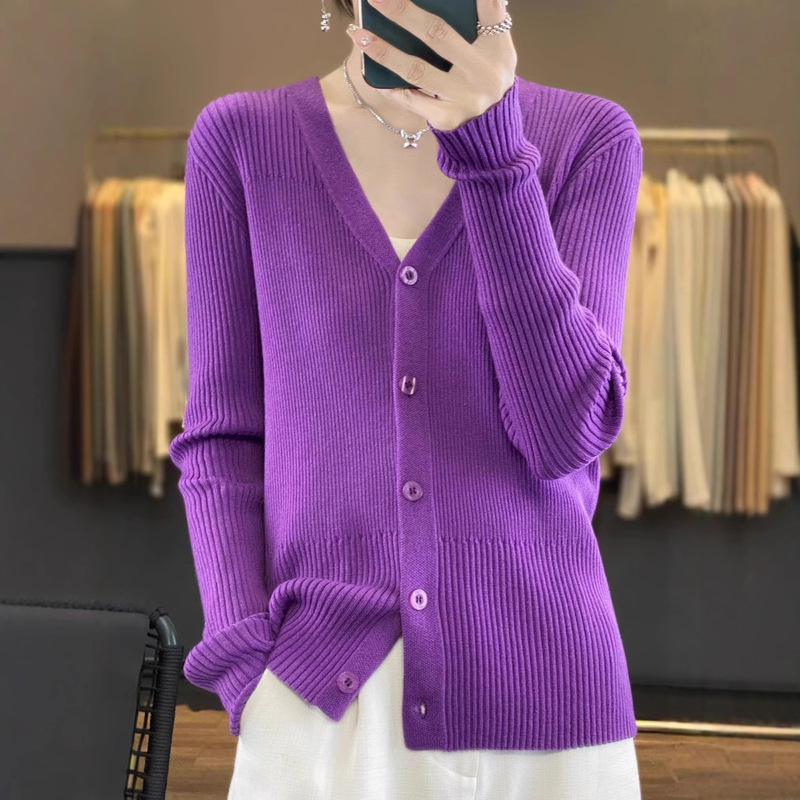 Cross-Border 25 New Style V-Neck Women's Buttoned Versatile Long-Sleeve Ribbed Loose Fashion Fine Wool Knit Cardigan