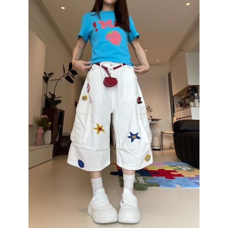 Star Embroidery Workwear White Cropped Denim Pants for Women, Summer Thin American-Style Multi-Pocket Loose Wide-Leg Pants Star Embroidery Workwear White Cropped Denim Pants for Women, Summer Thin American-Style Multi-Pocket Loose Wide-Leg Pants