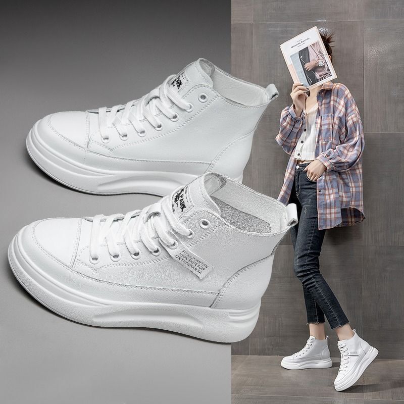 Trbottomy Platform White Shoes for Women 2024 Autum New Genuine Leather Casual High-Top Thick-Soled Student Versatile Sports Shoes for Women