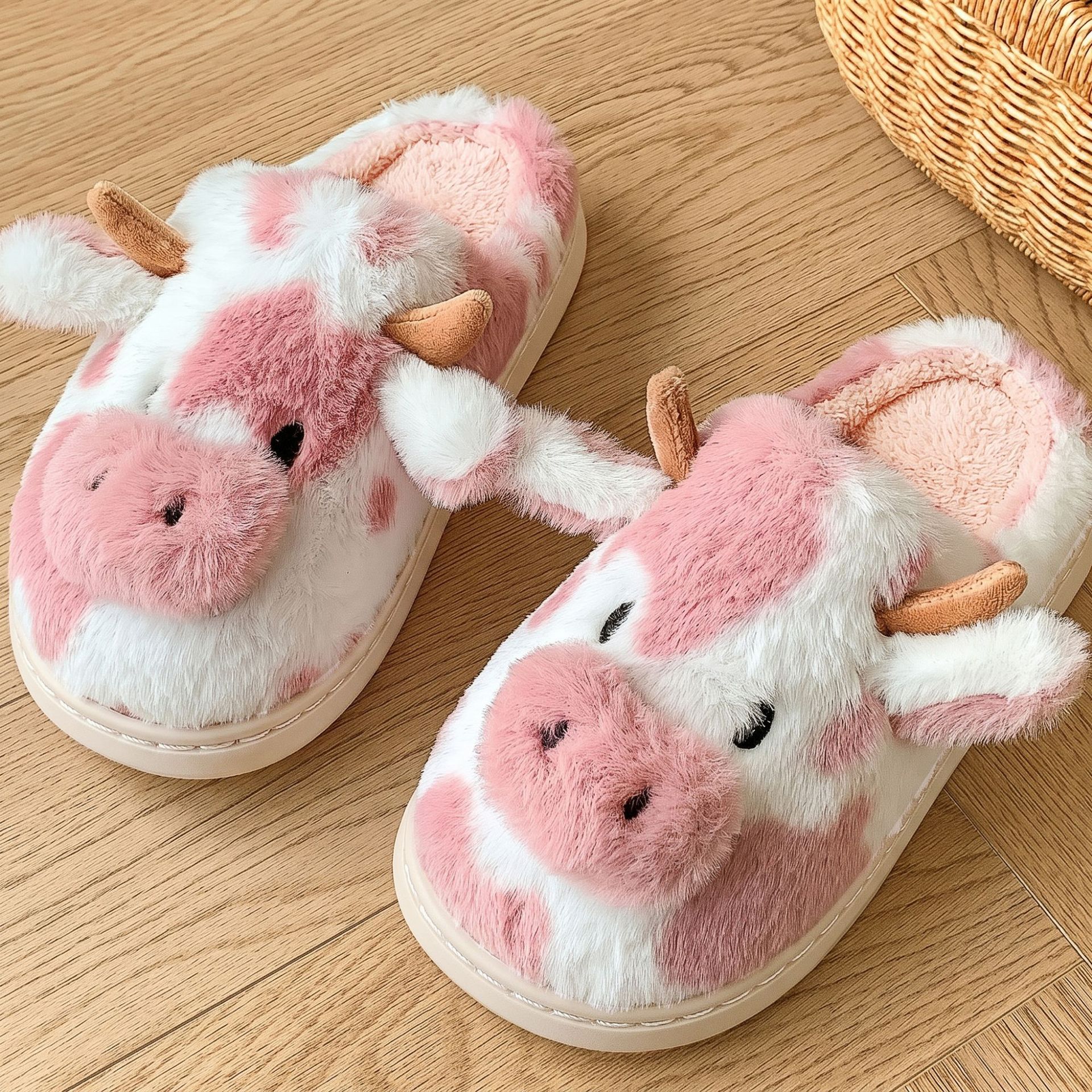 Zapatillas de casa cálidas de invierno, pantuflas de algodón antideslizantes para interiores para hombres y mujeres con cubierta de talón, zapatos de algodón de felpa de vaca pequeña