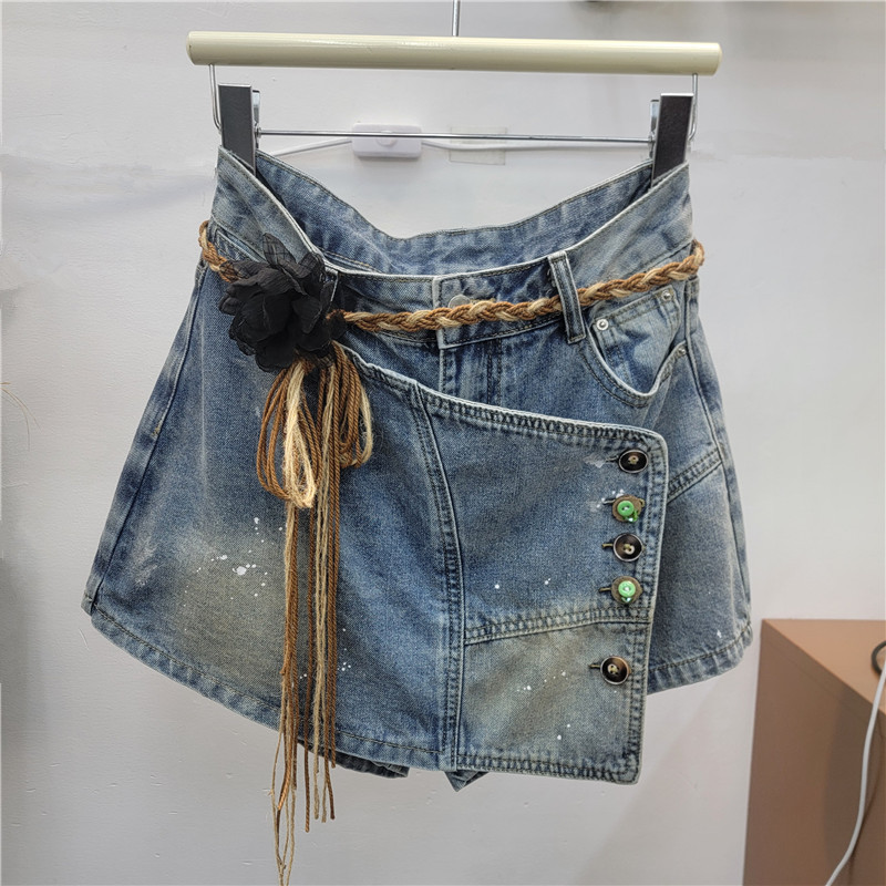 Falda Pantalón Corto de Mezclilla de Pierna Ancha de Mezclilla Efecto Desgastado